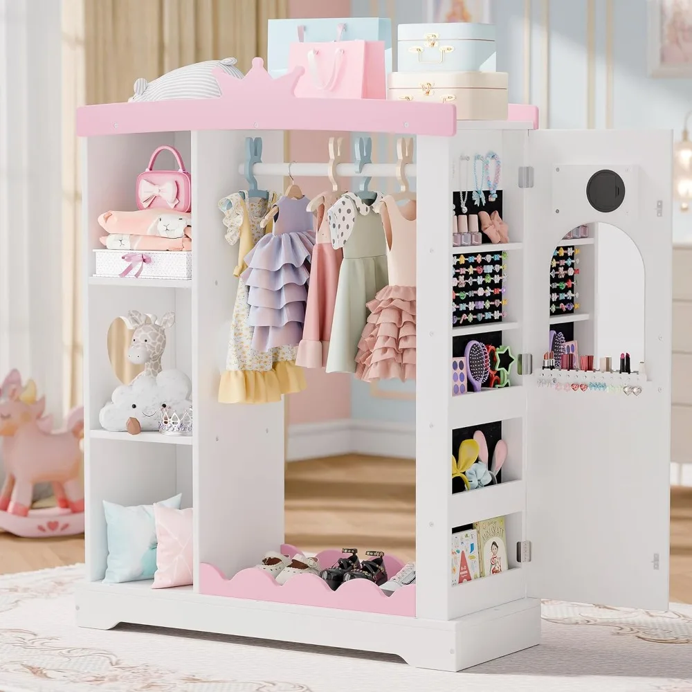 Kids Closet with Jewelry Cabinet, Dress up Storage with Shelves&Mirror, Costumes Wardrobe Closet with Hanging Rack for Toddlers