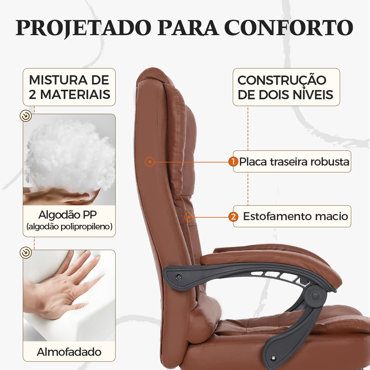 Cadeira giratória Python Fly em marrom escuro, cadeira giratória presidencial, com apoio para os pés e encosto ajustável.