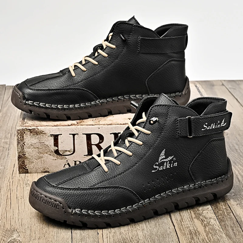 Botas de cuero hechas a mano para hombre, zapatillas de deporte de diseño, zapatos de cuero informales transpirables, botines para hombre, barcos al aire libre, otoño 2024