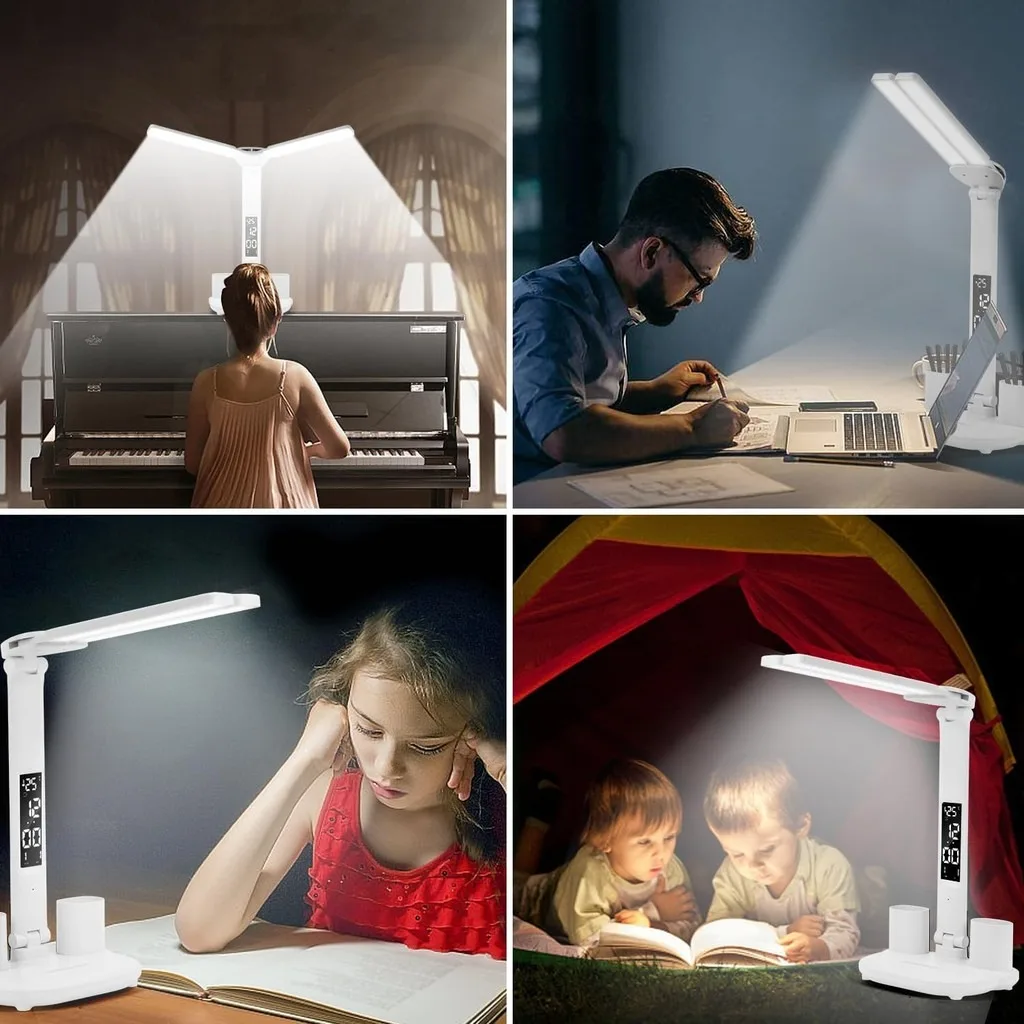 Zegar LED Lampa stołowa USB Ładowalne dotykowe lampki na biurko 2 głowice 180 Obrót Składana ochrona oczu Lampki nocne do czytania na biurku