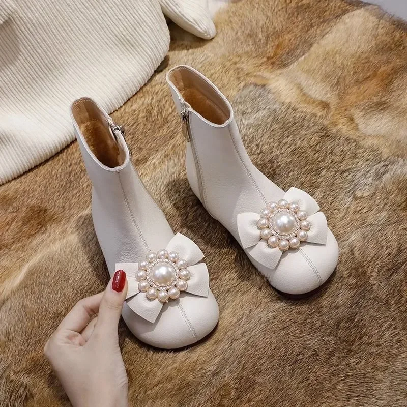 2023 neue Mädchen Stiefel Bogen mit Blumen Chic Kinder Mode Prinzessin Kurze Stiefel für Party Hochzeit Zeigt Drop Shipping Einfache