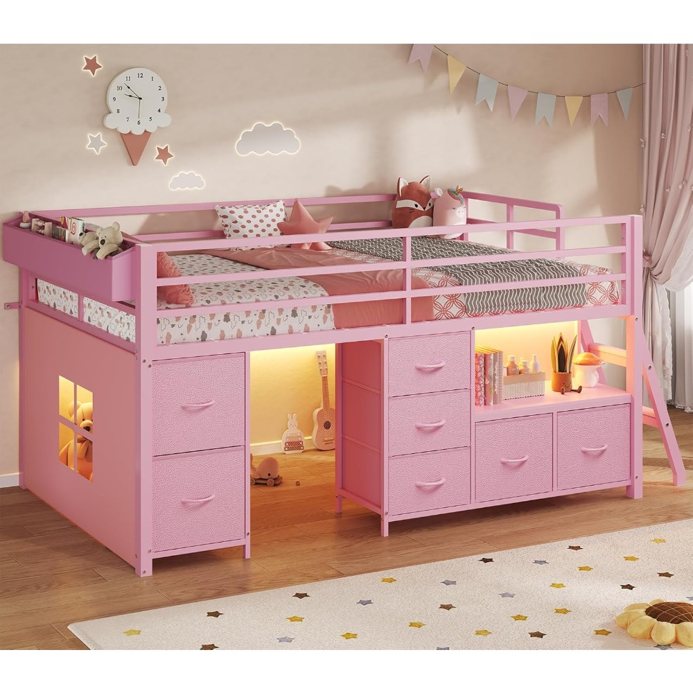 Low Loft Bed Twin Size with 7 Storage Drawers, Bookcase and LED Lights, Metal Kids Loft Bed with 14 H Safety Guardrail,