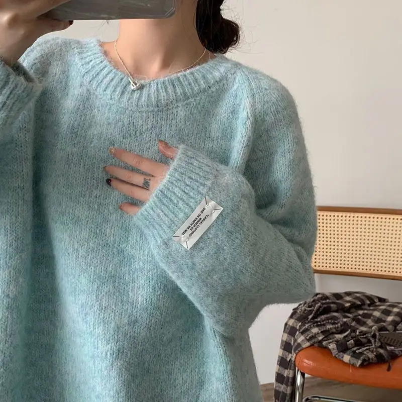 Suéter F Azul Leve Estilo Coreano Casual Ajuste Solto para Meninas, Roupa Externa para Primavera e Outono, Gola Redond...