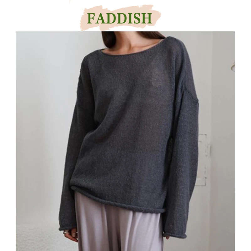 FADDISH-suéter de punto calado para mujer, Jersey holgado de manga larga con cuello redondo, informal, de Color liso, a la moda, para otoño, 2024