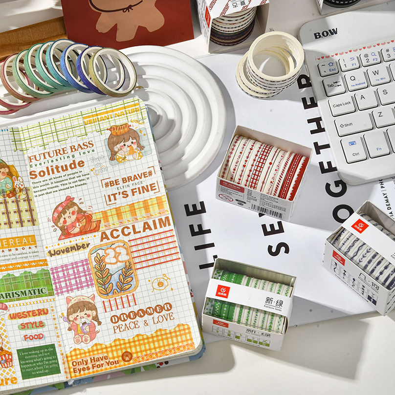 เทป Washi ขนาดเล็ก10ม้วนอุปกรณ์การเรียนเทปกาวตกแต่งพื้นฐานเครื่องเขียนกระดาษกาวตกแต่งไดอารี่