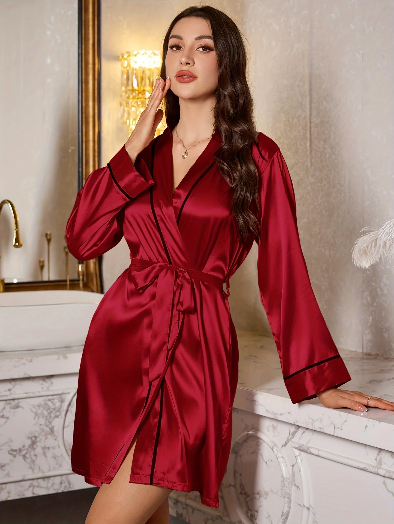 1 camisola curta romântica elegante feminina, pijama de seda macia de cor sólida, robe com cinto fresco e confortável, essencial para casa