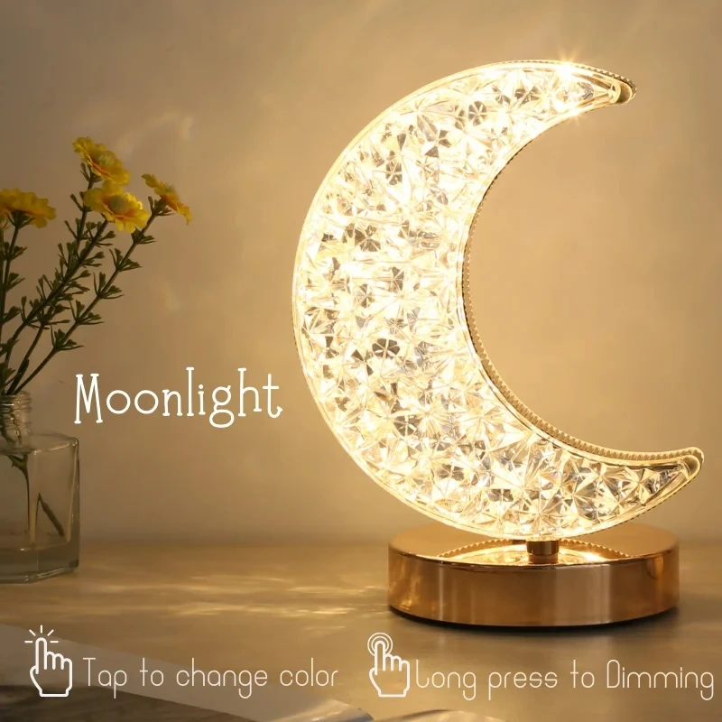 Luz nocturna con atenuación táctil de cristal para dormitorio, decoración del hogar para habitación de niñas, estética, USB, mesita de noche, mesa ambiental LED, lámpara de Luna 3d