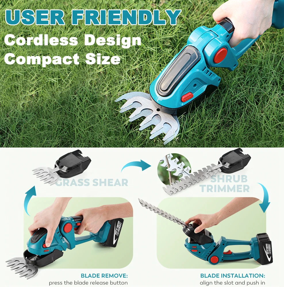 2 IN 1 Cordless Electric Hedge Trimmer Rechargeable Handheld Household Shrub Weeding Pruning Mower Garden Tools