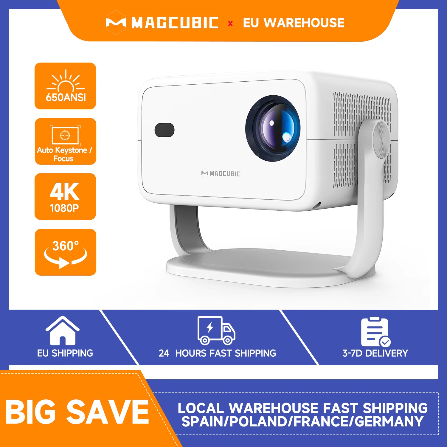 Magcubic 650ANSI L018 Proyector Nativo 1080P Android 11 Enfoque automático y Keystone 4K 360 °   Gire el cine en casa Airmouse Wifi6 BT5.2