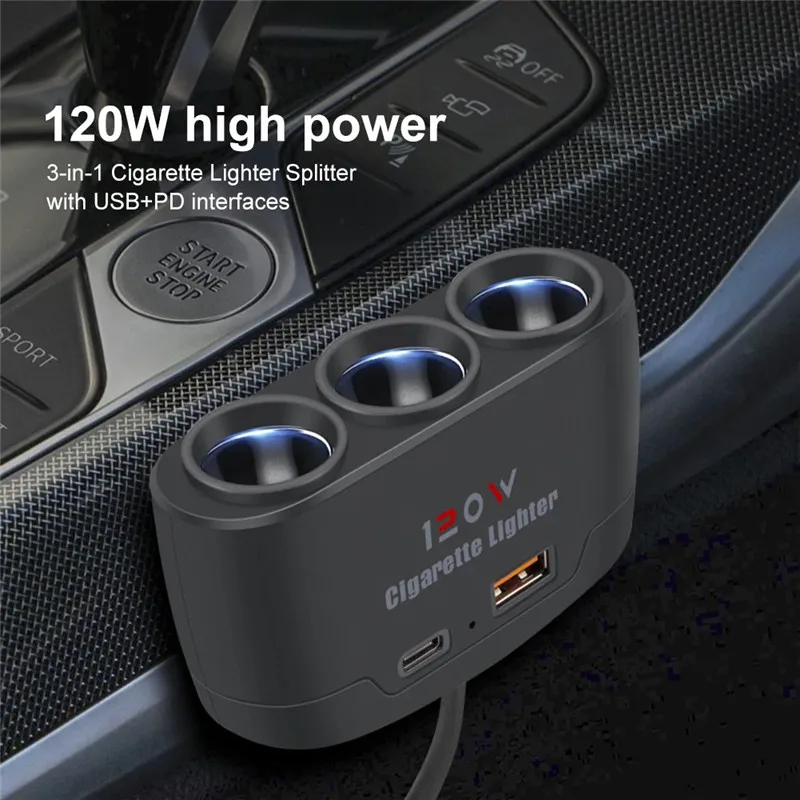 120W Car Charger Cigarette Lighter Adapter Dual USB PD Car Charger Fast Charging Socket Plug Adapter for IPhone GPS Dashcam
