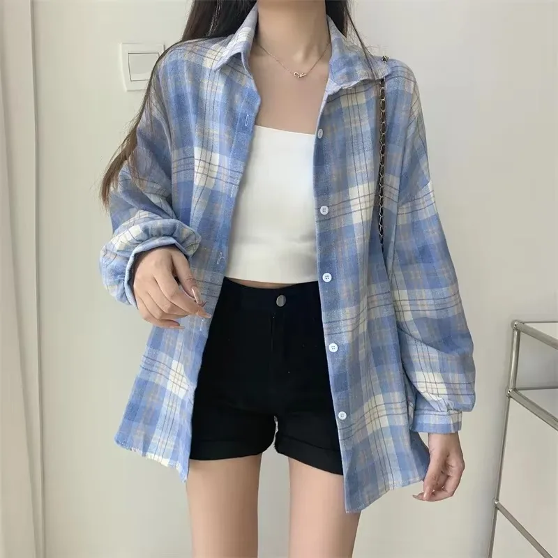 Camicia a quadri Donna Moda Autunno Top a maniche lunghe Camicetta monopetto vintage femminile Camicie a quadri larghe stile preppy da donna