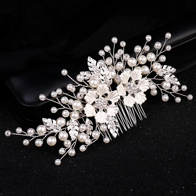 Fiore color argento Perla Strass Pettine per capelli Fascia Accessori per capelli da sposa per le donne Sposa Tiara Fascia per capelli Gioielli per capelli