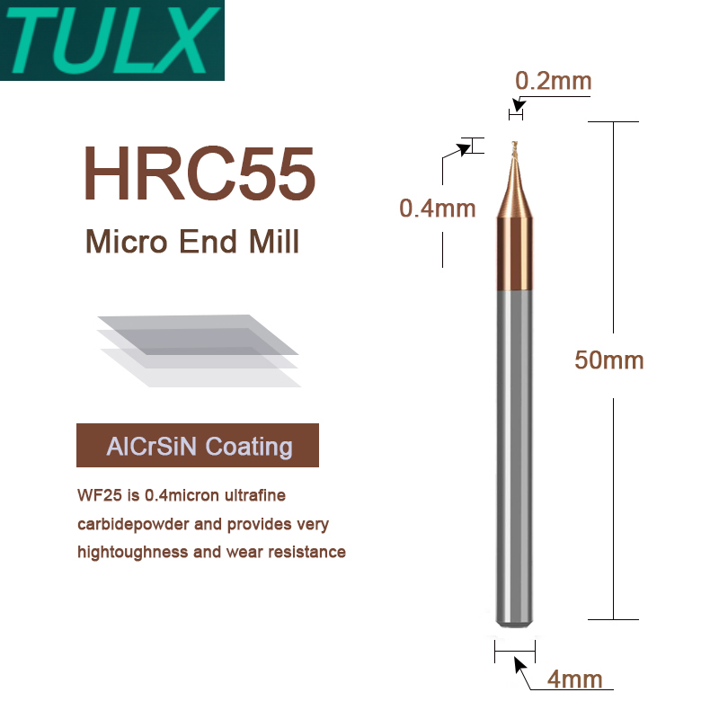 TULX 1 pieza HRC55 Micro fresa de extremo cuadrado 2 flautas 0,2-0,9mm TiAIN Micro plano 4mm vástago Millin Cutter Mirco carburo CNC broca de grabado