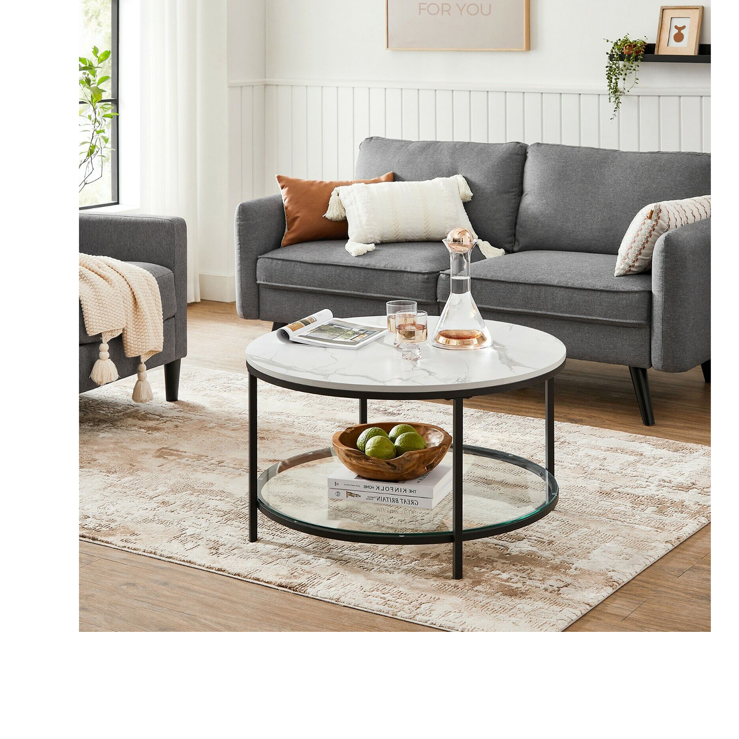 VASAGLE Coffee Table, Living Room Table, Sofa Cocktail Table Faux Marble Round, Tempered Glass Storage Shelf