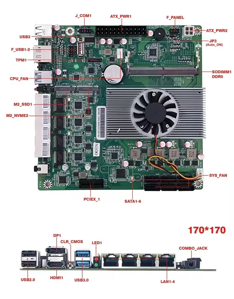Nueva placa base Intel N100 NAS de 12. a generación, 6 bahías, 6 * SATA3.0, 4*2,5G, i226, 1 * PCIE X1 1 * DDR5, 4800MHz, placa base ITX de firewall de enrutamiento suave