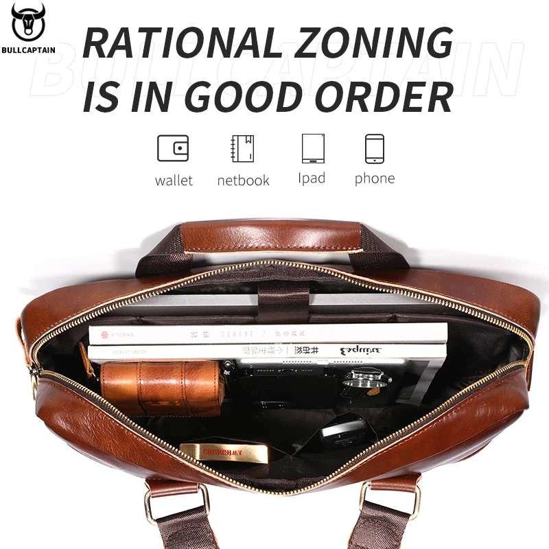 BULLCAPTAIN-maletín de hombro de cuero genuino para hombre, bolso de mano de 14 pulgadas para ordenador portátil, maletín Simple de moda para oficina y negocios