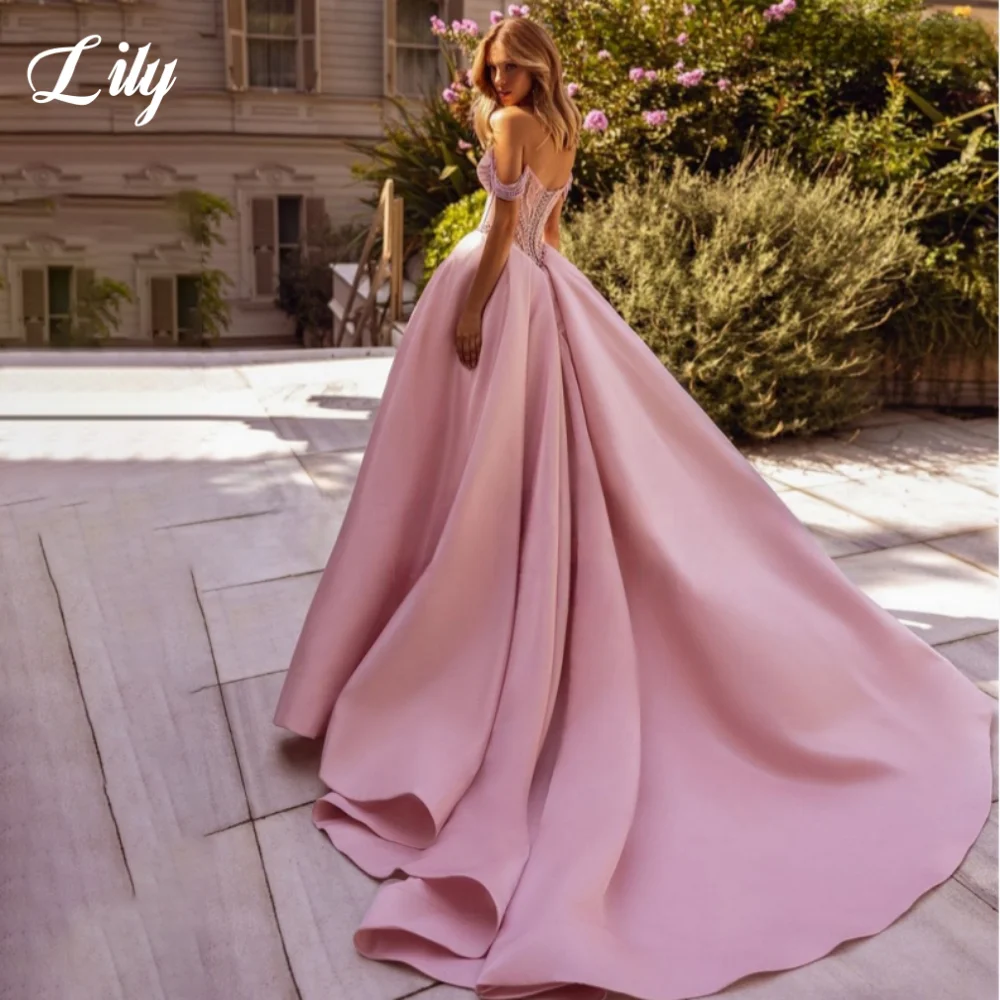 Lily Pink A-Line Vestido de baile fora do ombro sem costas Vestidos de festa Querida Pérolas Vestido de noite formal Andalفسات
