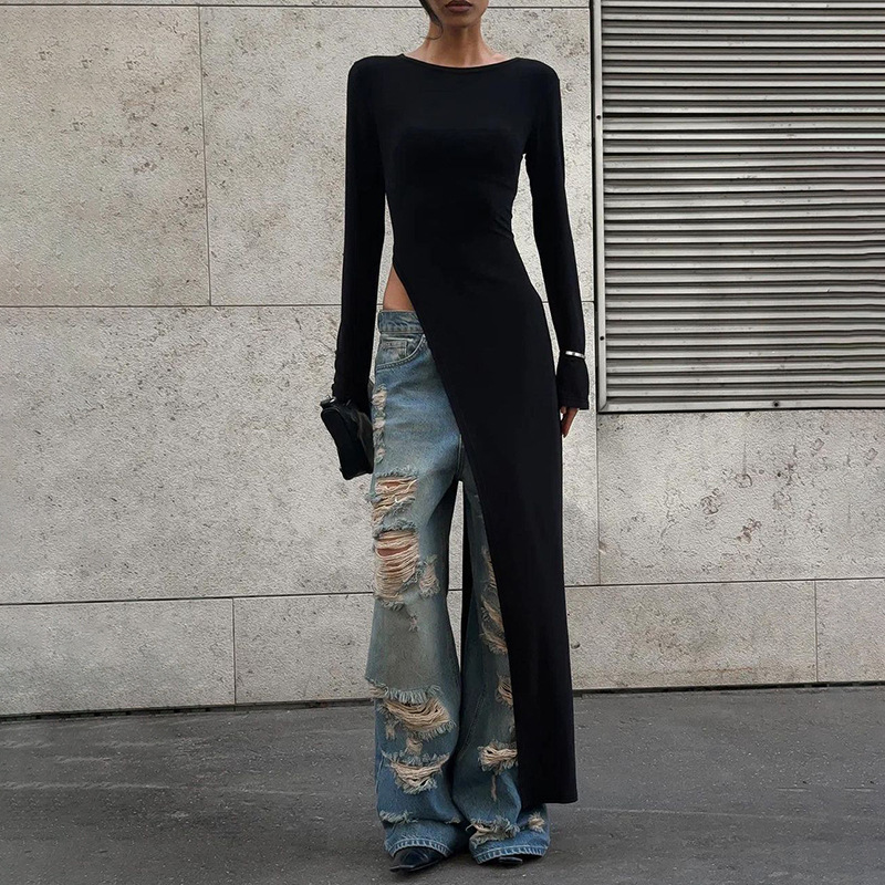 Krypto grafische asymmetrische Langarm schwarz Kleid Mode Outfits Rundhals ausschnitt schick Top Club Party Hochhaus Split Kleider fallen