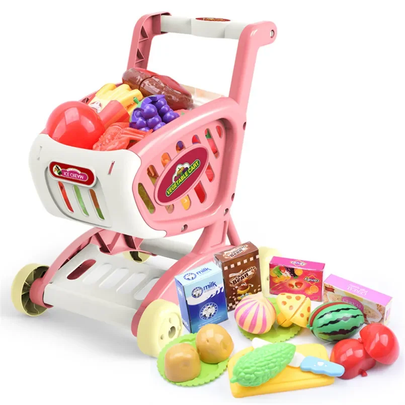 Lernspielzeug-Set für Kinder, Supermarkt-Einkaufswagen mit Trolley, zum Schneiden von Lebensmitteln, Obst, simuliertes Spielen, 15-teilig, Simulation für Mädchen