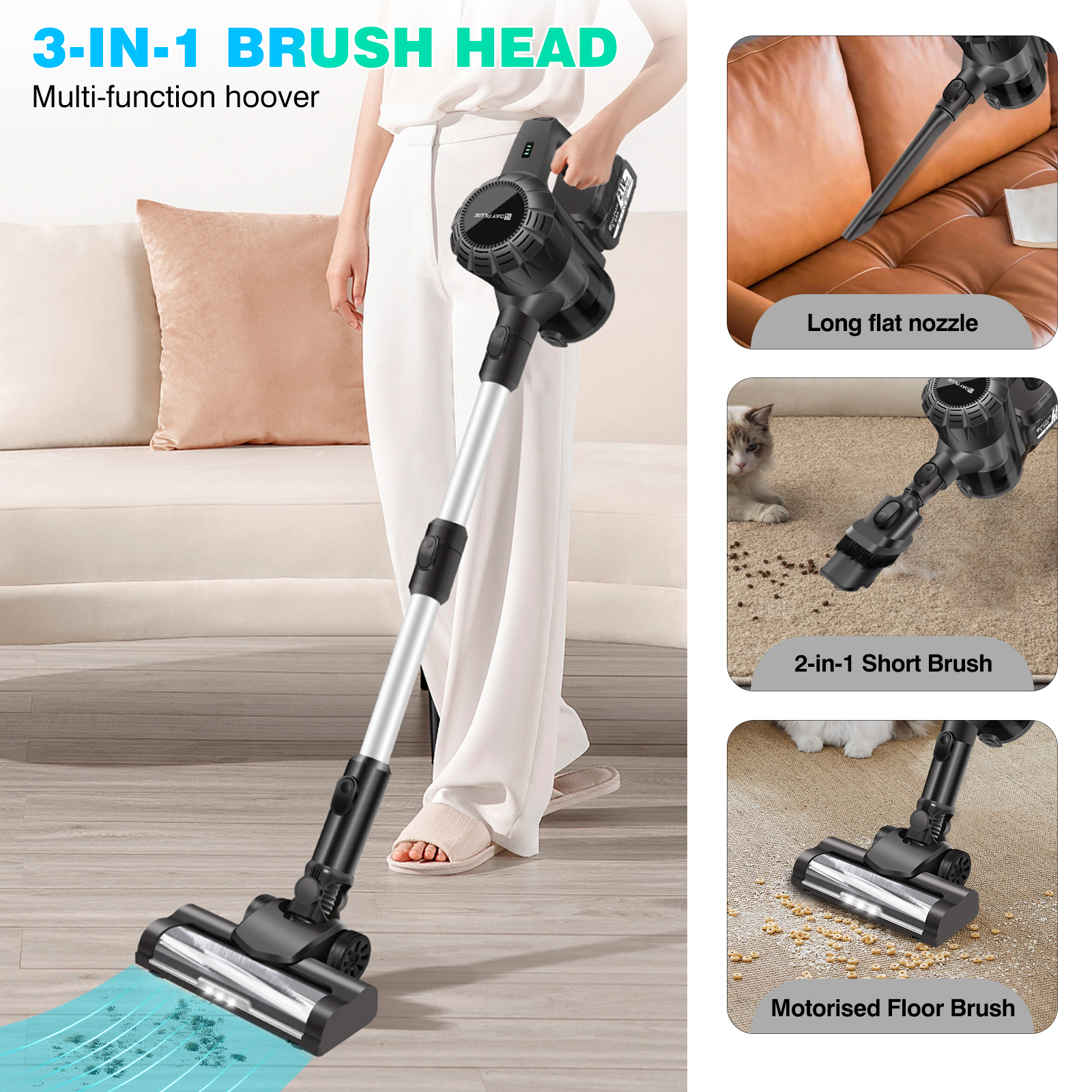 6-in-1 Cordless Vacuum 550W 45KPA｜2 Batteries｜LED Display｜Self-Standing｜Pet Hair/Carpet/Hard Floor (Black)