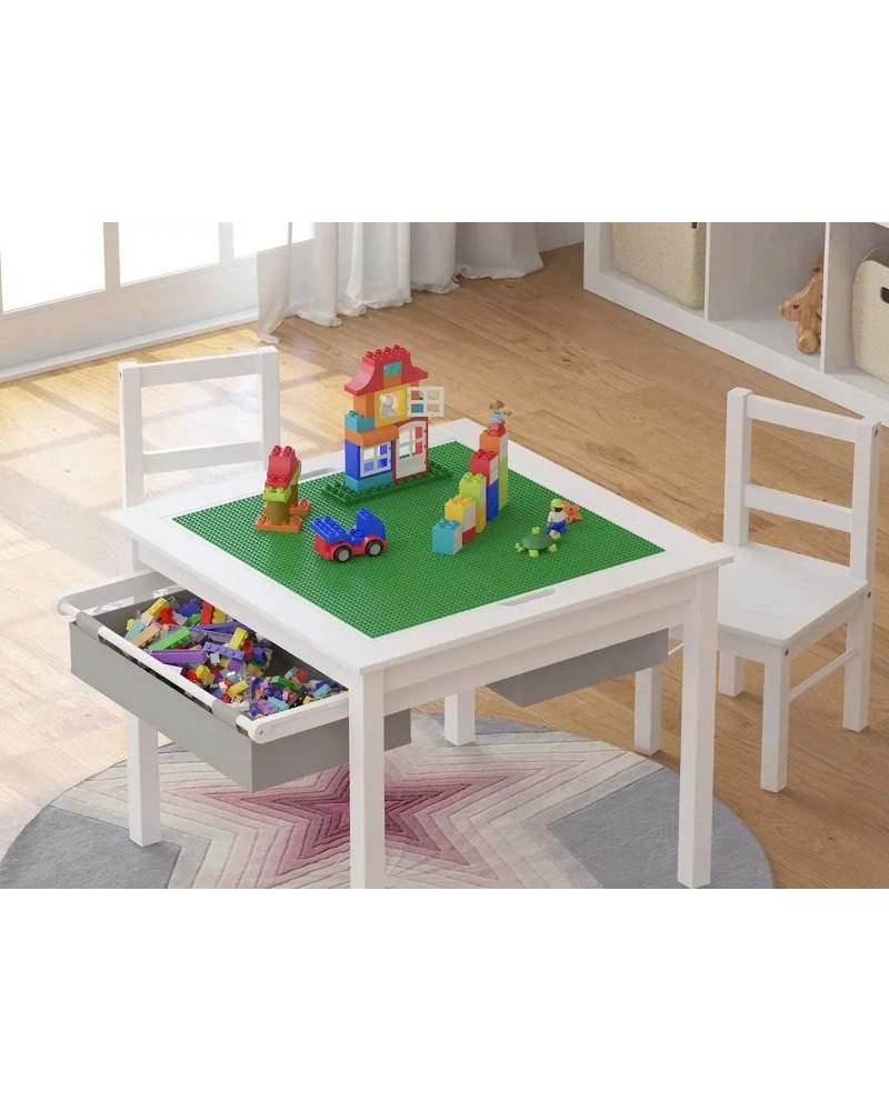 Dual-Purpose Wooden Kids Construction Table with Storage and Chairs, LEGO-Compatible