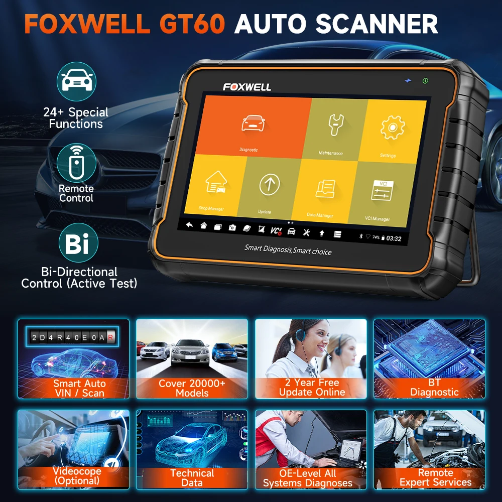 Foxwell gt60 obd2 scanner automotivo 24 + redefinição abs sas tpms redefinir odb 2 obd2 scanner bluetooth todo o sistema ferramenta de diagnóstico