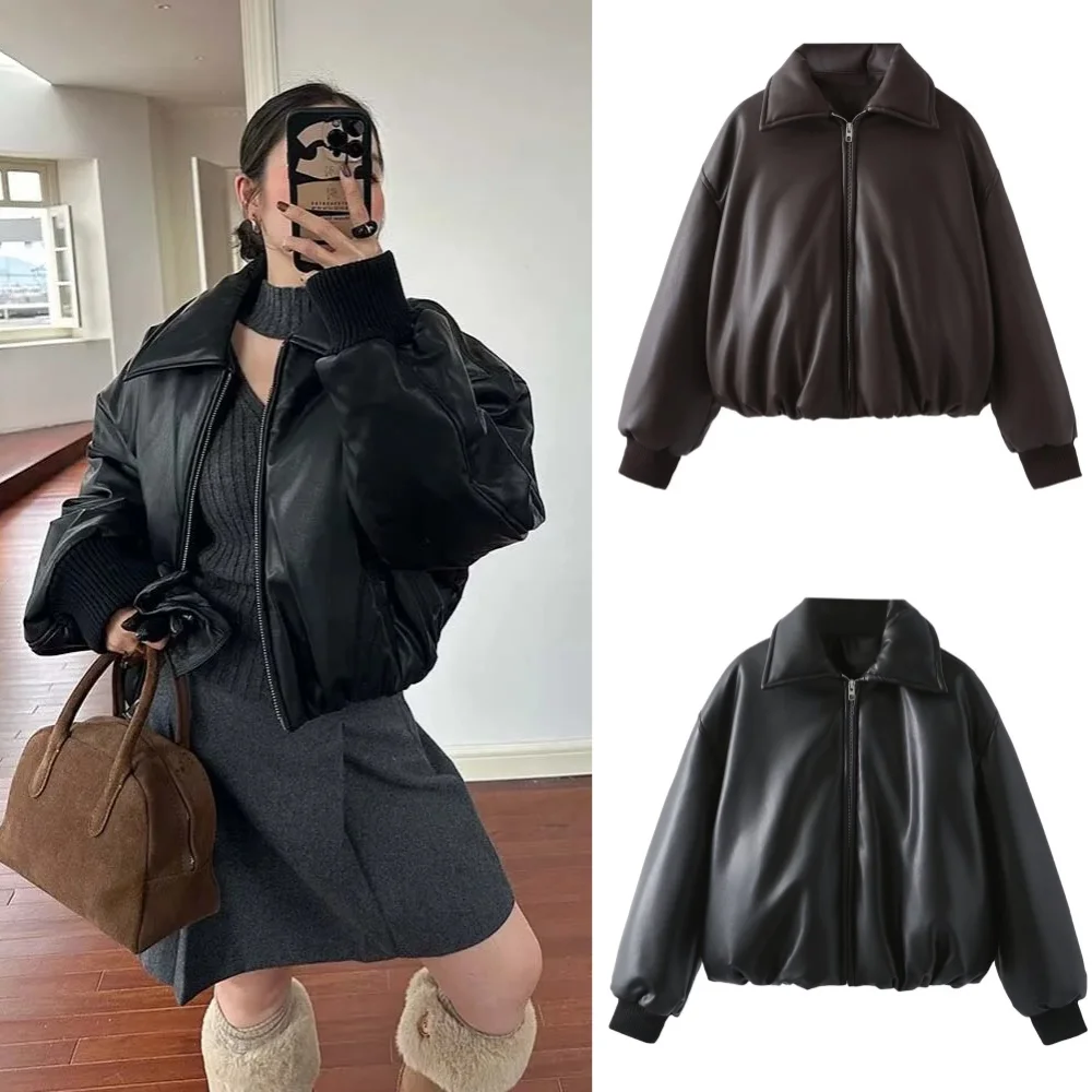 2025 outono inverno jaqueta de couro falso para mulheres oversized streetwear algodão acolchoado parkas curto bombardeiro casaco quente