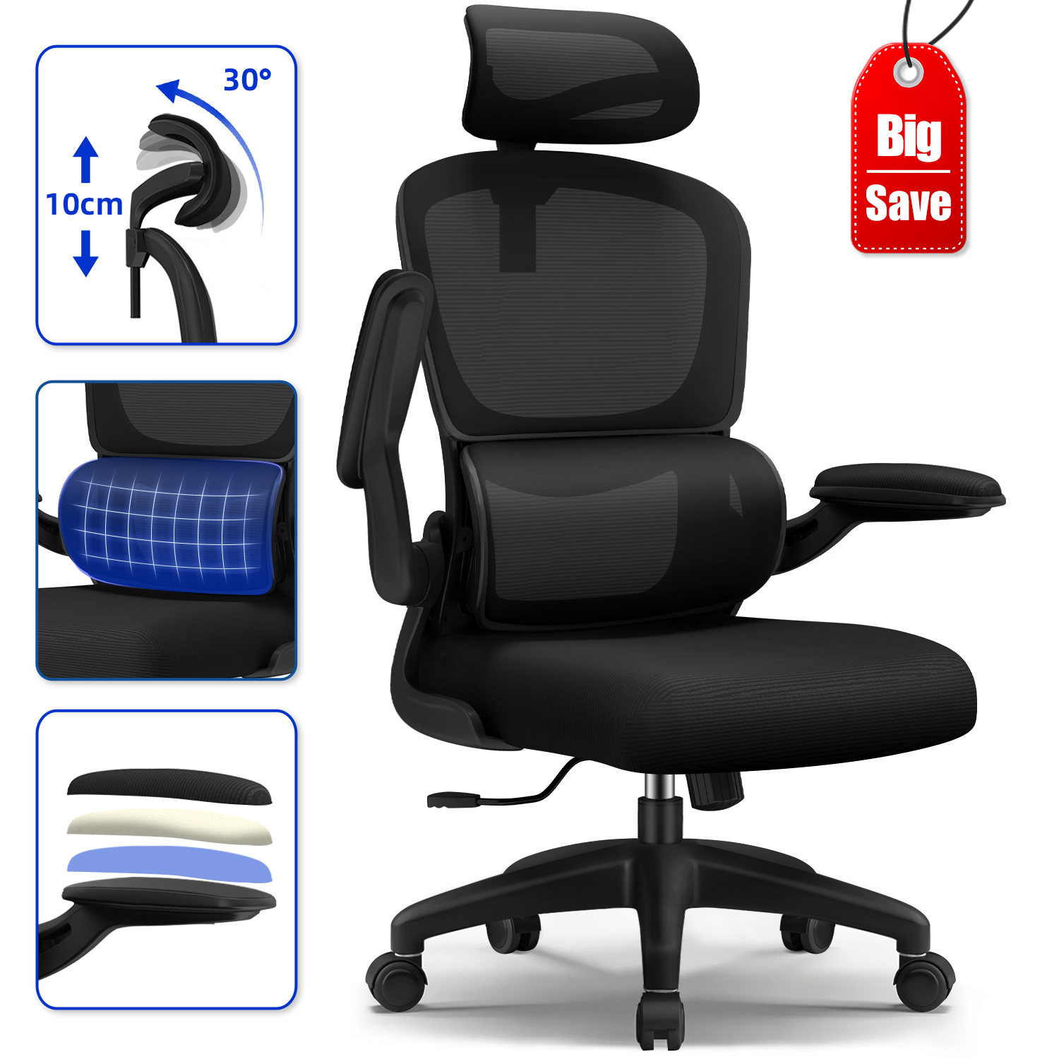 AUTHMIC Ergonomischer Bürostuhl -135 °   Liege- und höhenverstellbarer Sitz, klappbare Armlehnen, verstellbare Kopfstütze, Heimbürostuhl