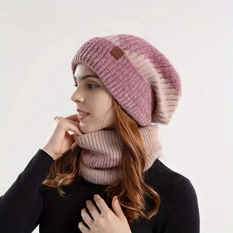 Chapéu feminino de malha de dois tons com babador de veludo, gorro engrossado, protetor de orelha quente, aniversário, dia dos namorados, inverno