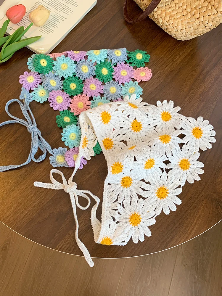 Lenço Triangular de Malha F Estilo Primavera 2025 com Bordado Floral, Faixa de Cabelo Versátil e Moderna para Feriados