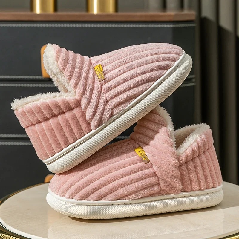 Winter Paar Stil Concise Streifen Wrap Heels Plüsch Hausschuhe Damen Nicht-slip Weiche Warme Flip-Flops Männer Hause Casual baumwolle Schuhe