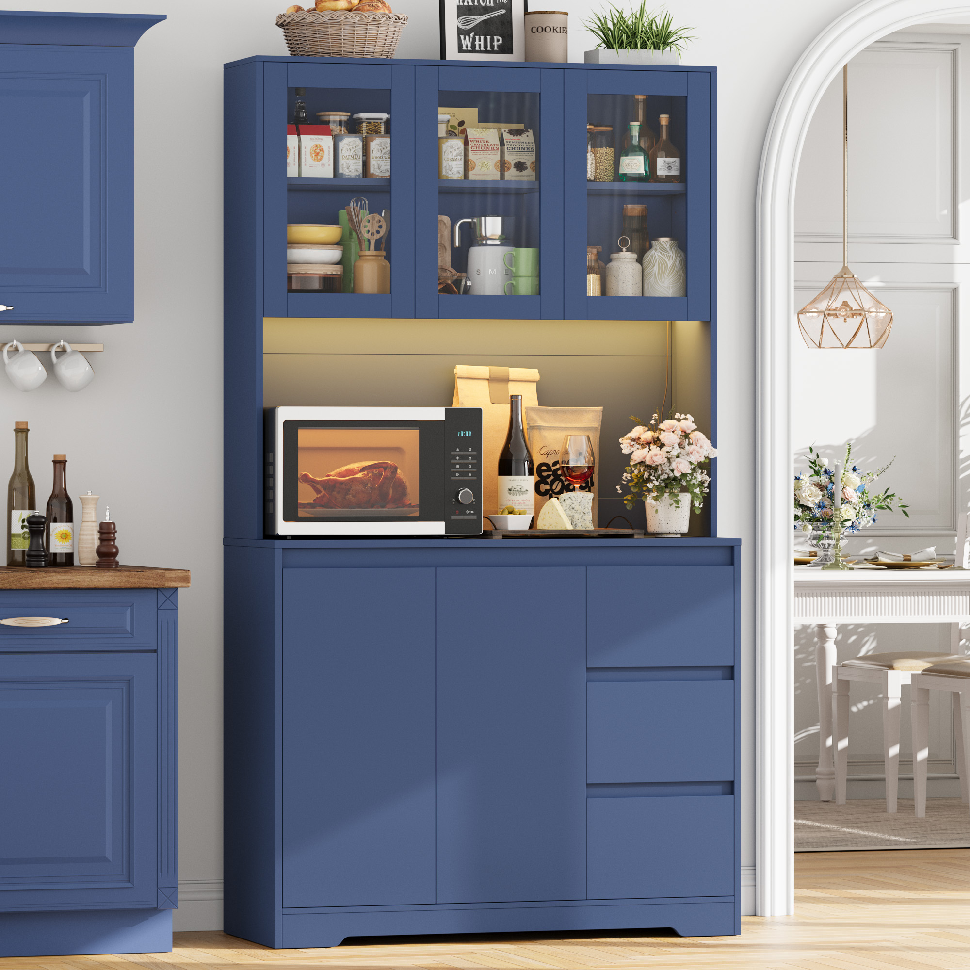 Getone Bufet kuchenny z diodą LED, Szafa kuchenna Bufet z 3 gniazdami na szuflady Regulowana półka 100x38,5x180cm