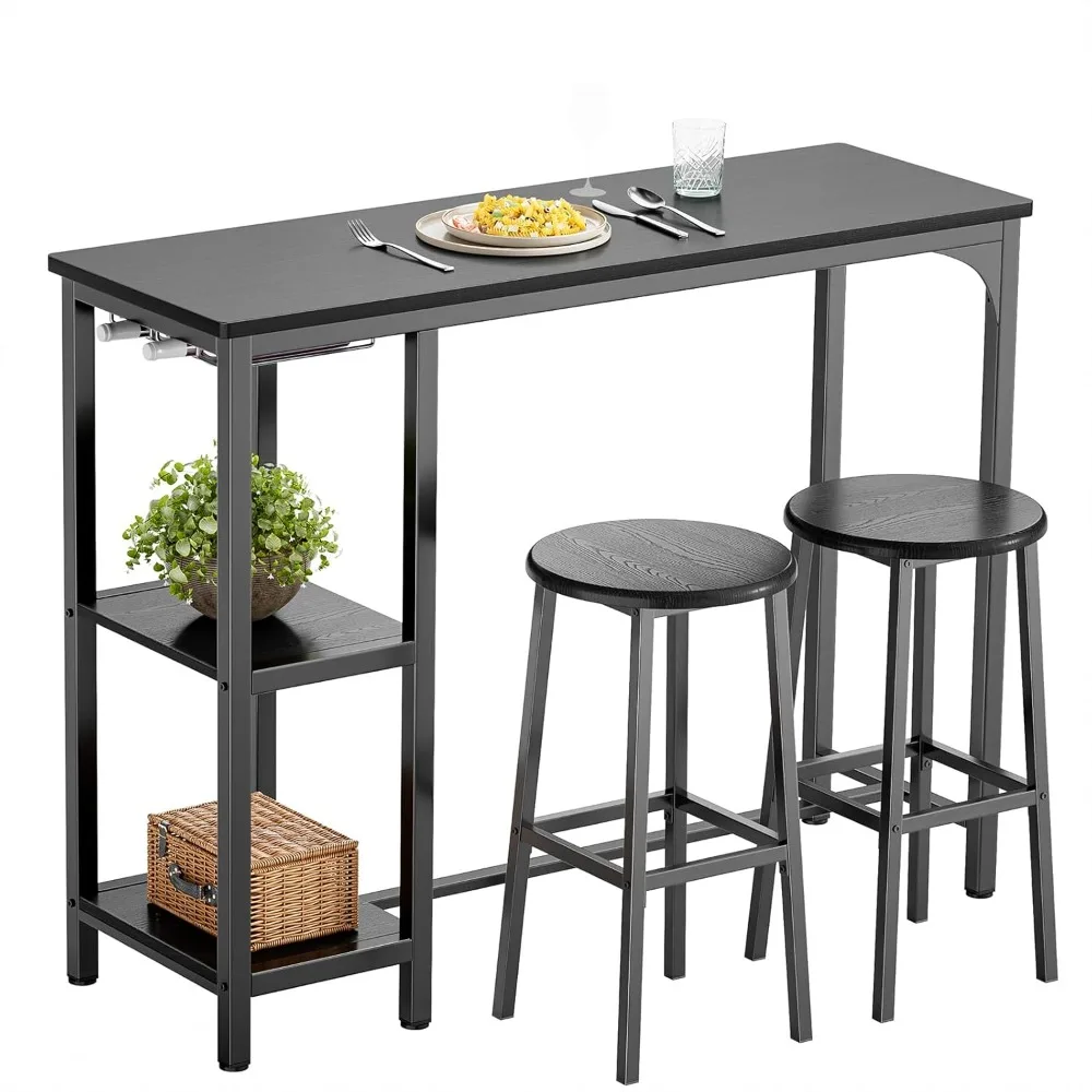 Juego de mesa alta para bar con 2 taburetes – Mesa alta para cocina o salón con 2 estantes y soporte para botellas de vino (negro)