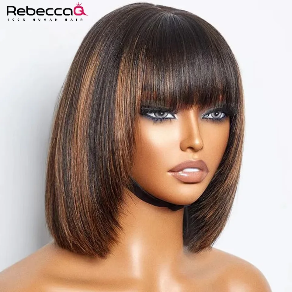 Destaque loira curto bob 3x1 laço sem cola peruca de cabelo humano pronto para ir brasileiro 1b/30 em linha reta bob osso com franja para mulher