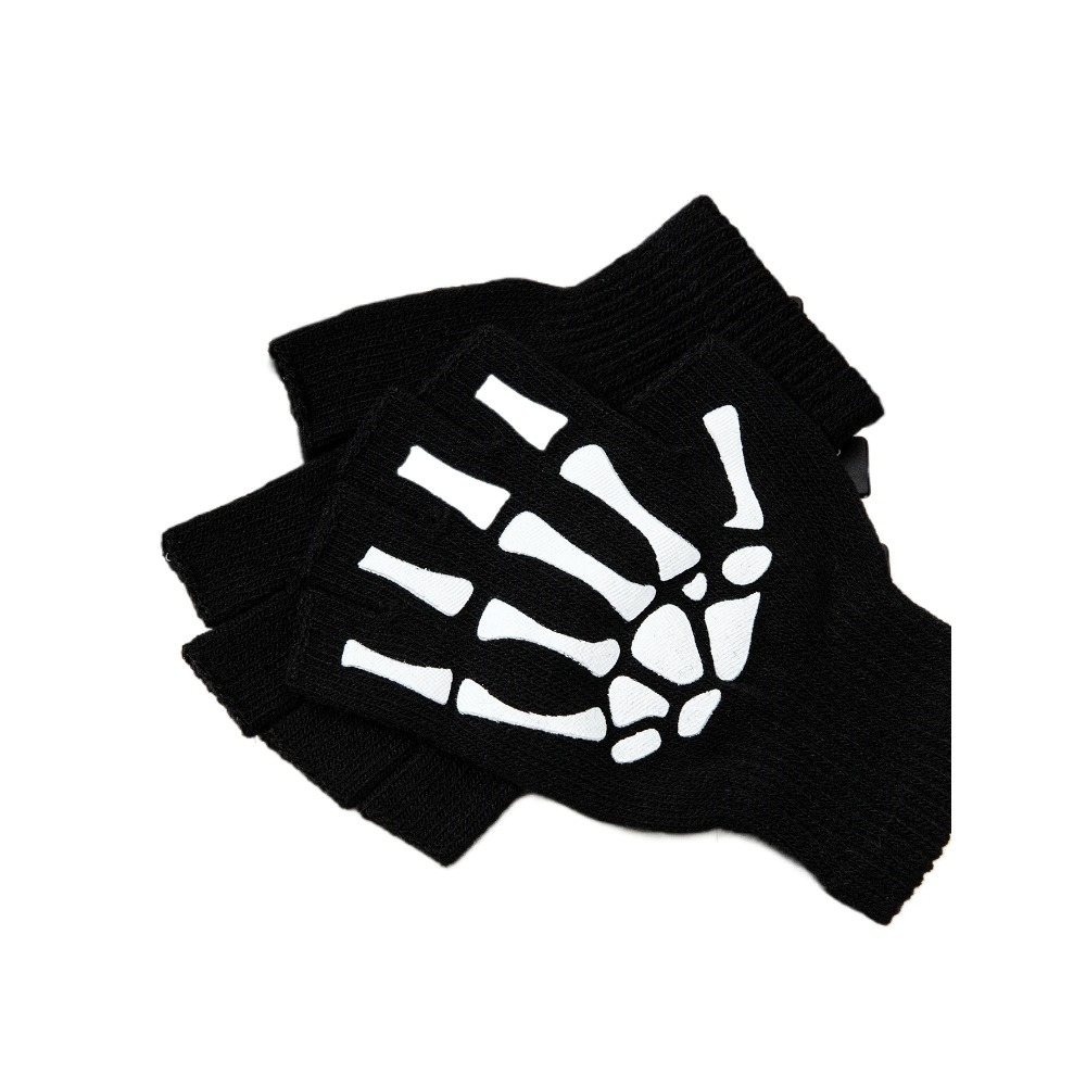 1pcs New Halloween Skeleton Skull Half Finger Punk Gloves Winter Skull Fingerless Black Mitten