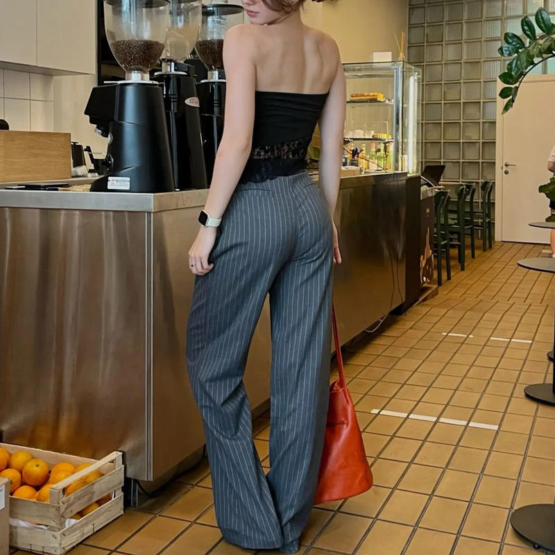 Traf calças formais femininas escritório wear feminino listrado cinza preto calças mulher cintura alta baggy terno calças casuais calças de perna larga