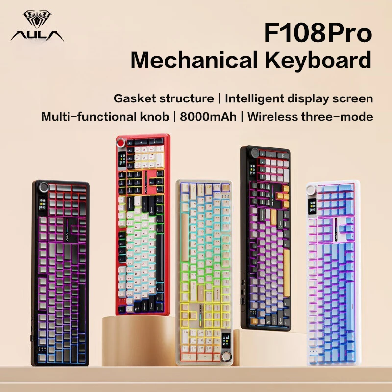 AULA F108Pro/F108 Conexión inalámbrica Bluetooth trimododo, pantalla multifuncional, estructura de junta, efectos de iluminación RGB