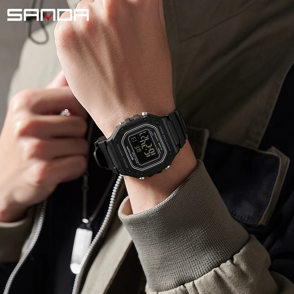 SANDA 2156 นาฬิกาผู้ชายรุ่นใหม่อิเล็กทรอนิกส์ดิจิตอลสี่เหลี่ยมผืนผ้าจอแสดงผล LED Dial กีฬากลางแจ้งกันน้ํานาฬิกาข้อมือชาย