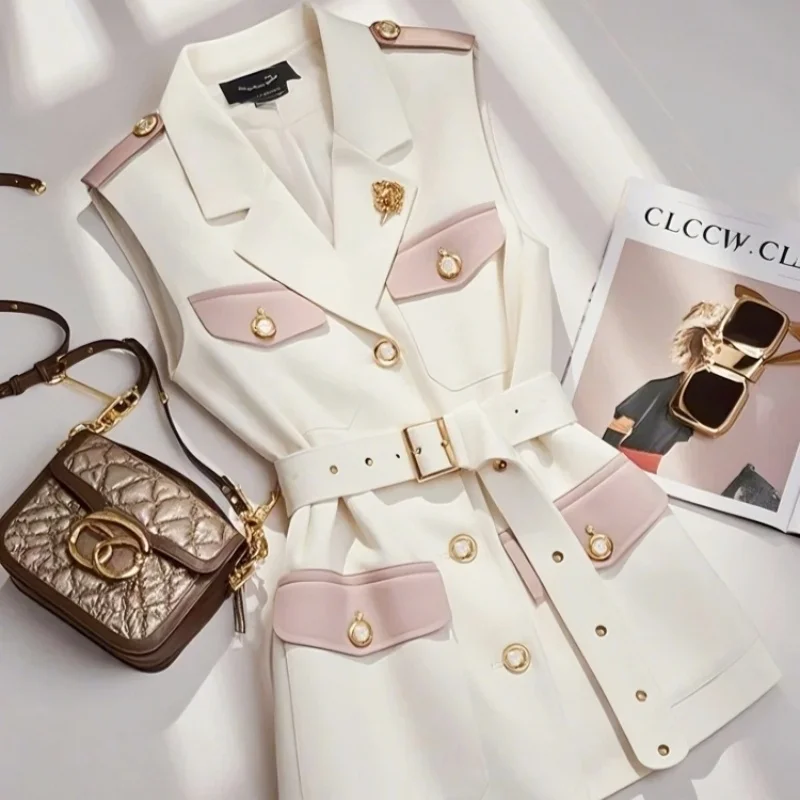 França moda senhora do escritório café blazers colete verão coreano sem mangas jaquetas com cinto feminino temperamento formal fino ajuste