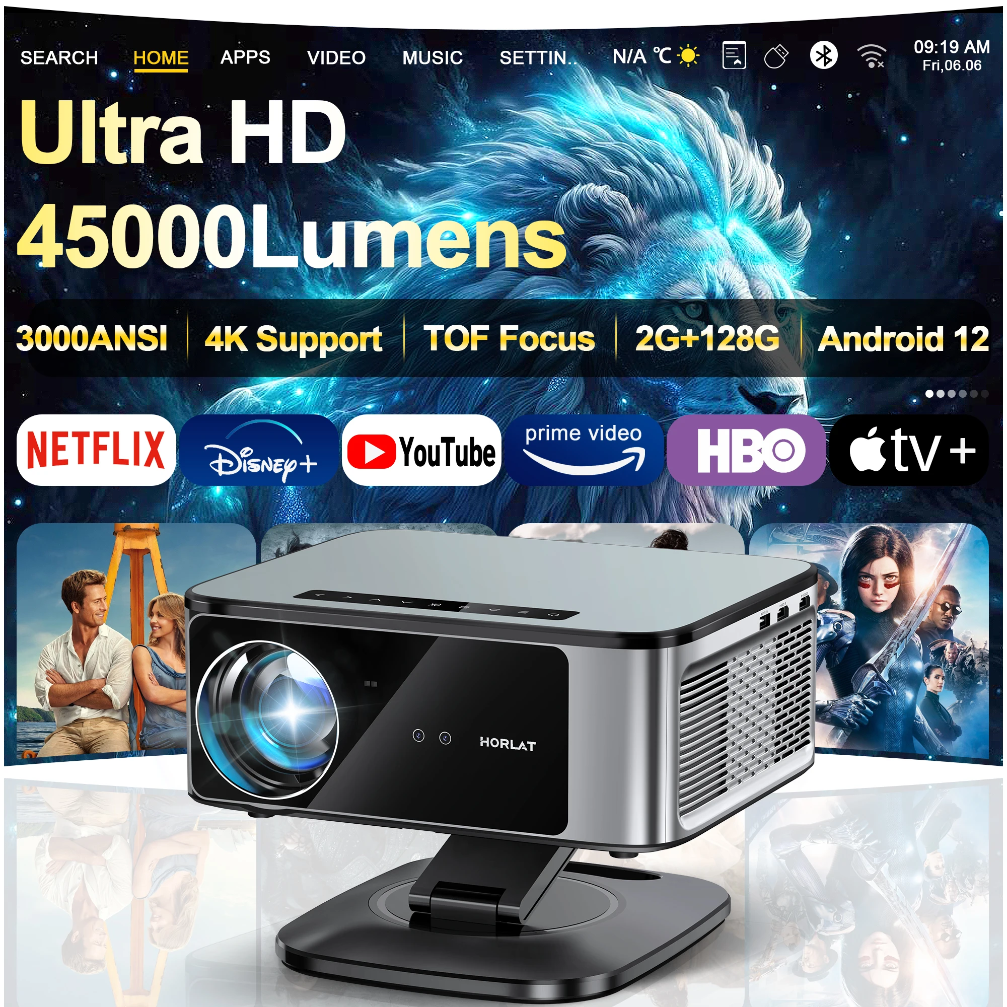 2025 Horlat 45000 lúmenes 4K UHD proyector láser TOF Focus Android 12 WiFi 1080P Full HD proyector de películas de cine en casa para Netflix