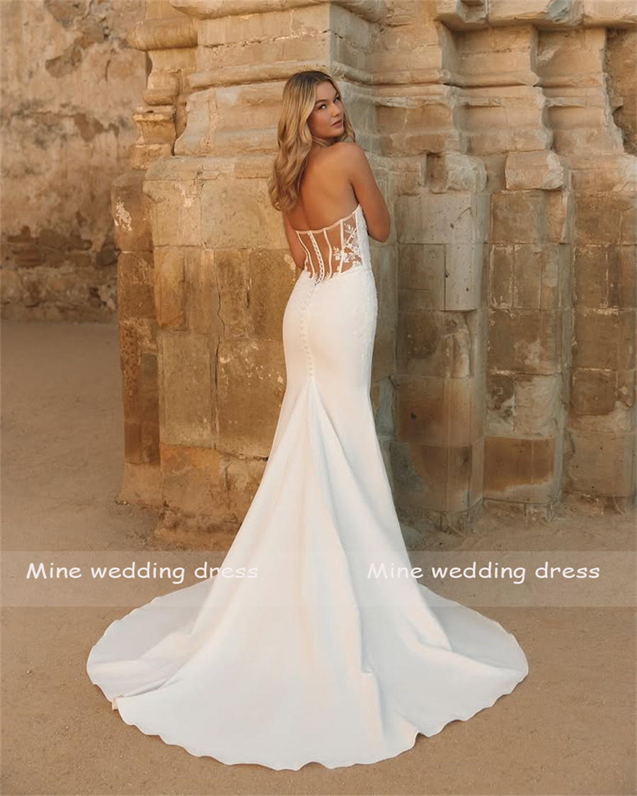 Customized Luxury Strapless Lace For Top Sleeveless Wedding Dress Back See Through Zipper Buttons Woman Evening Dresses