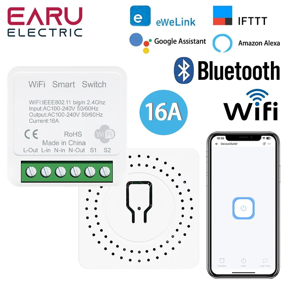 eWeLink App 16A 2 Way DIY Mini WiFi Smart Switch Breaker Module Timer Relay Voice Wireless Remote Control for Alexa Google Home