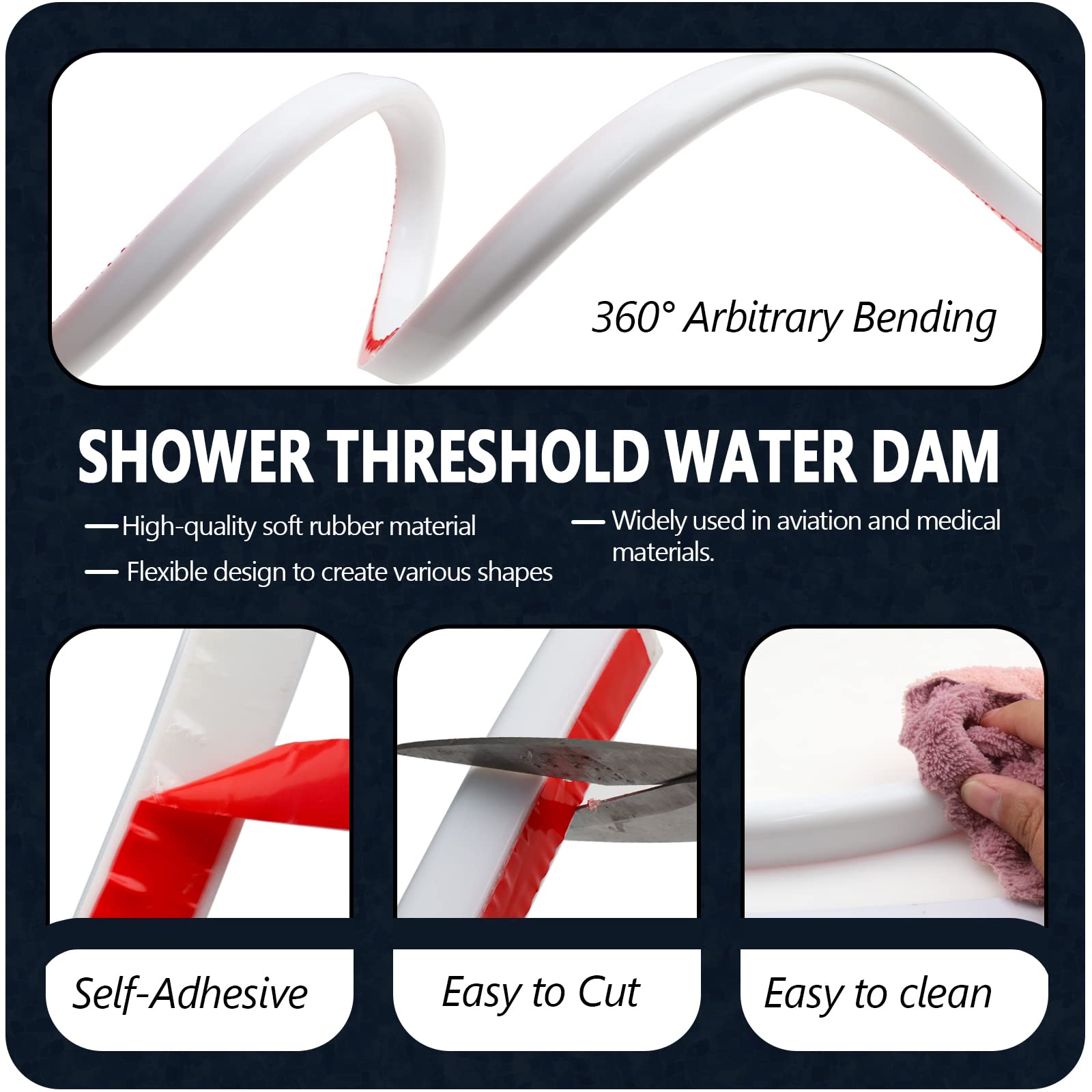 Collapsible Shower Threshold Water Dam Barrier,self-adhesive Shower Door and Kitchen Water Strip rubber Dam Shower Guard