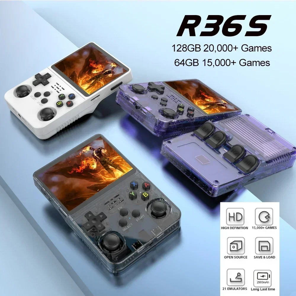 R36S 128G Retro Handheld Spielkonsole Linux System 3,5 Zoll IPS Bildschirm Tragbare Tasche Video Player 2 Joystick 64G 256G Kind Geschenk