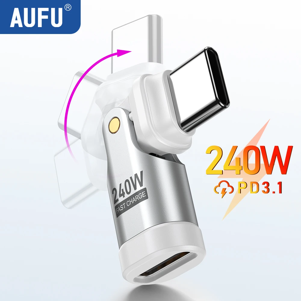 Adattatore AUFU USB C OTG da 240 W Convertitore da maschio a femmina di tipo C a ricarica rapida 5A per iPhone MacBook Laptop Adattatore a gomito da 180 gradi
