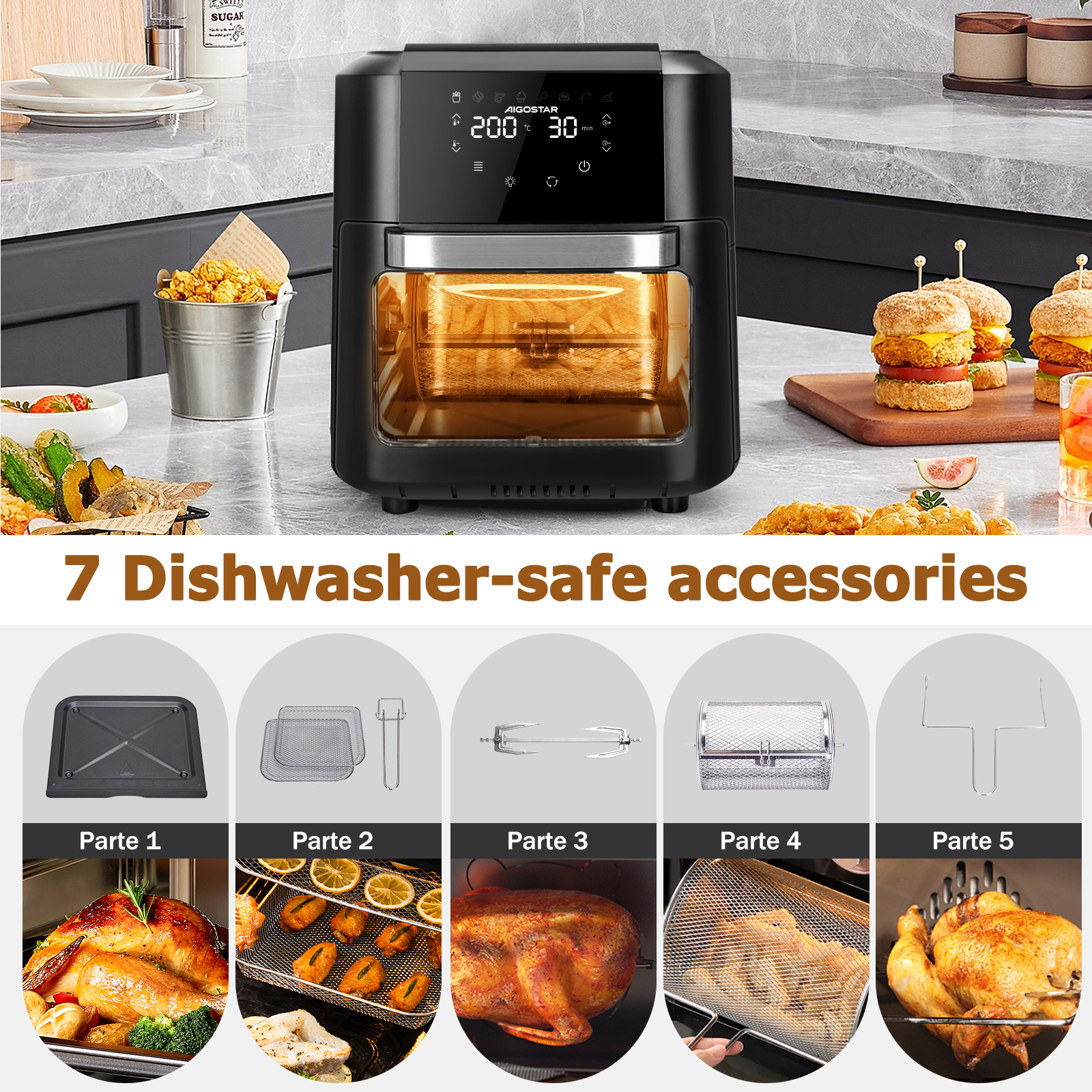 Freidora de Aire 12L Gran Capacidad, Horno de Aire Multifunción, Incluye 7 Accesorios, Apto para Lavavajillas, Pantalla LED Táctil, 8 Modos Predeterminados, Sistema Giratorio, Libre de BPA,1500W