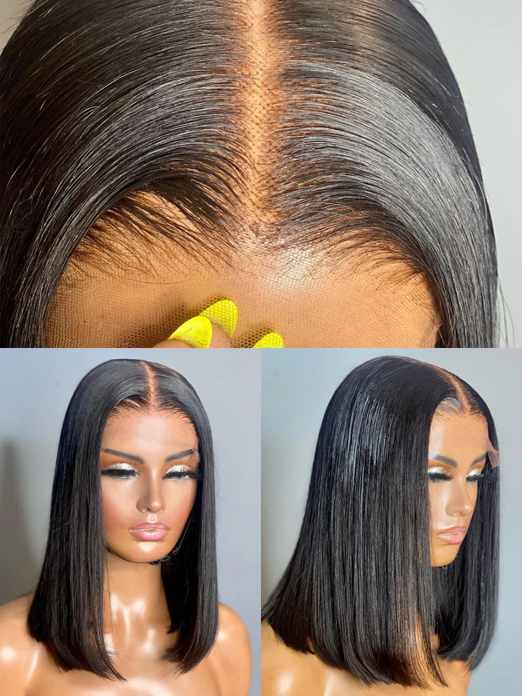 Peluca de cabello humano con encaje Frontal 13x4, pelucas frontales de encaje transparente para mujeres negras, peluca de Bob corto, peluca Natural recta Remy múltiple