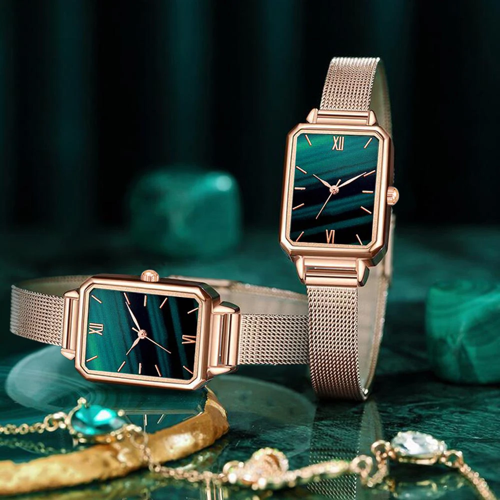 Damen uhren Mode Quadrat Damen Quarzuhr Armband Set grünes Zifferblatt einfache Roségold Mesh Luxus Damen uhren