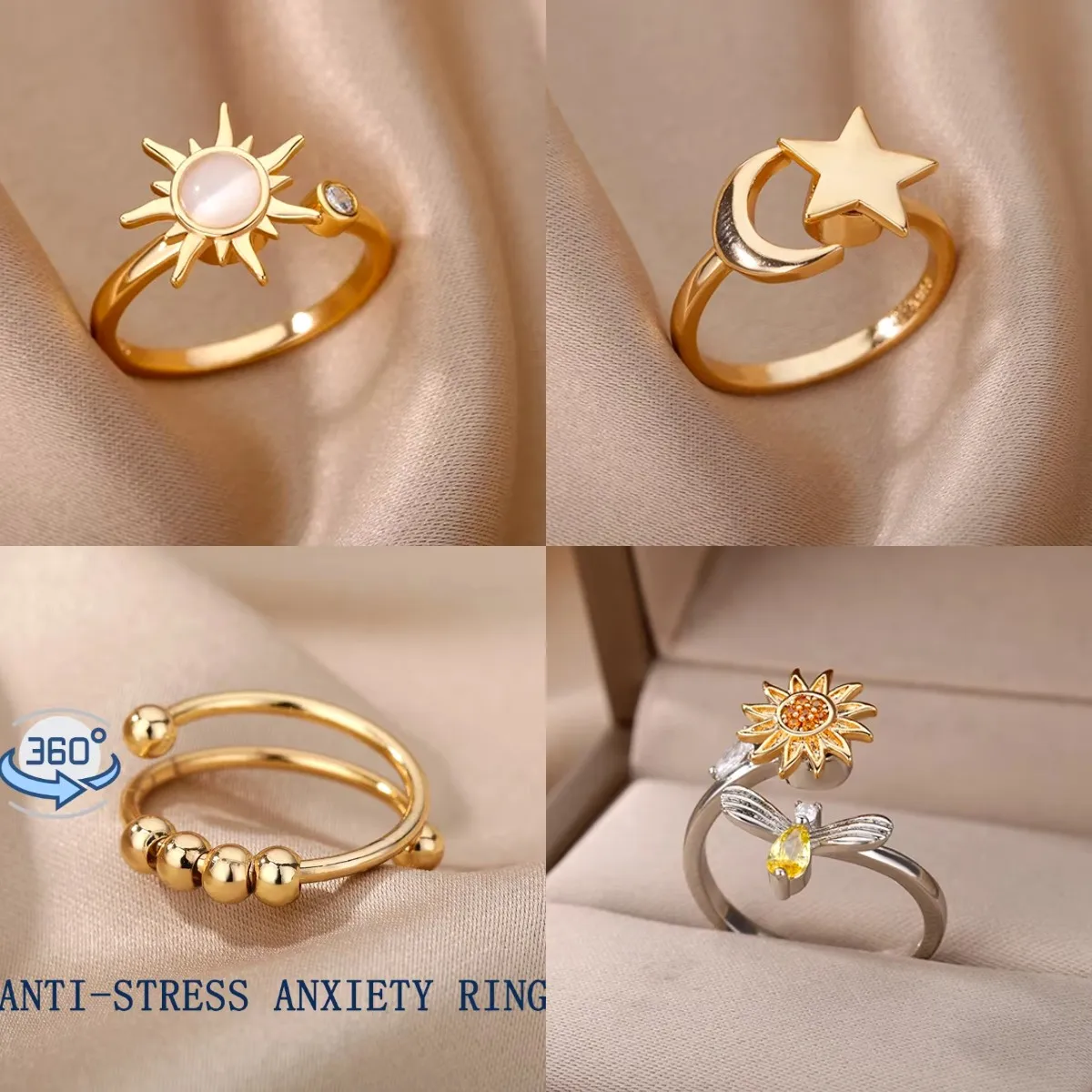 Chống Căng Thẳng Lo Âu Vòng Cho Nữ Satinless Thép Hoa Hướng Dương Ngôi Sao Hành Tinh Spinner Fidget Nhẫn Trang Sức Thời Trang 2022 Dropshipping