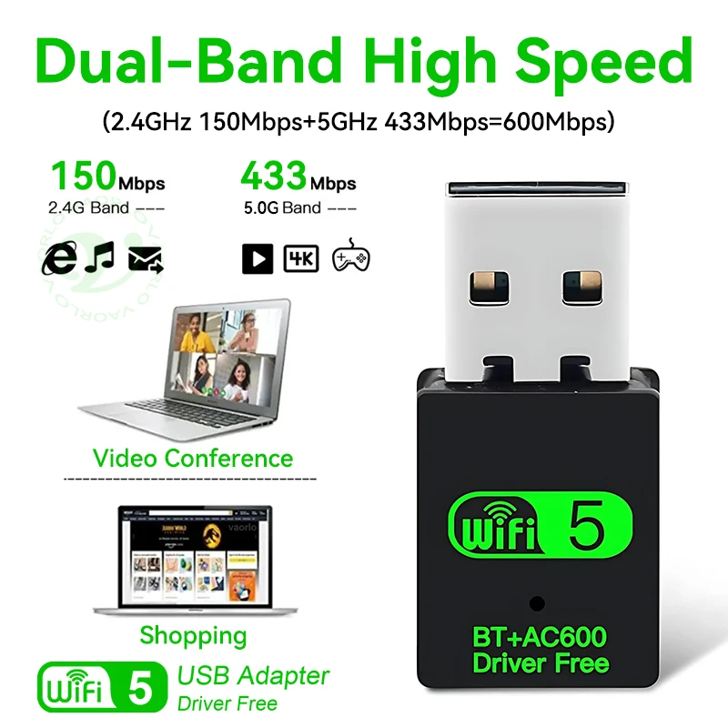 Adaptador USB WiFi Bluetooth 2 en 1, 600Mbps, 2,4G/5GHz, Wi-Fi 5 de doble banda, receptor de tarjeta de red inalámbrica de alta velocidad, ordenador portátil y PC